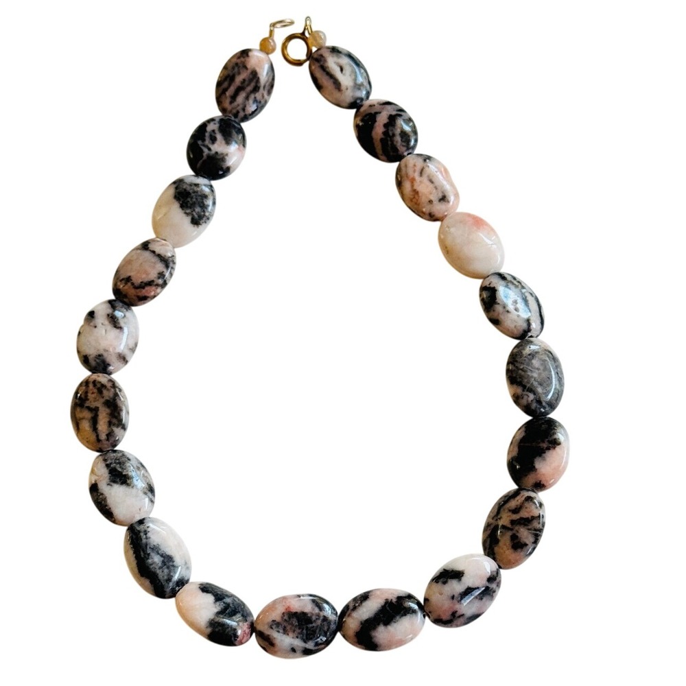 VTG Spotted pink Jasper Gemstone‎ Necklace Smooth oval Beads natural genuine 15"
